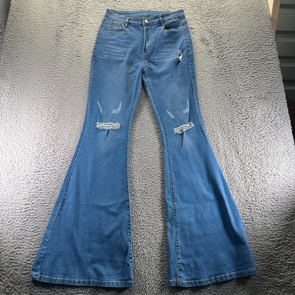 Shein Jeans Womens 8 Blue Cotton Denim Flared Leg Distressed Stretch Workwear